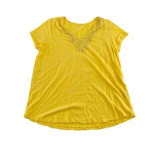Yellow Soft Surroundings Womens Medium Cotton Top With Lace V-Neck